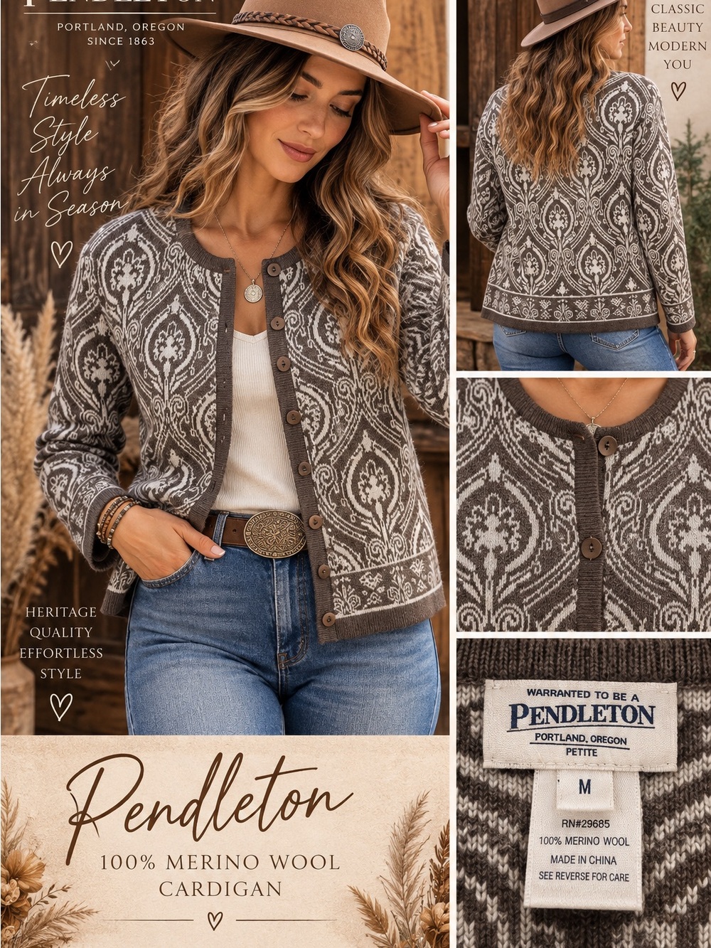 Pendleton Brown & Cream 100% Merino Wool Jacquard Cardigan